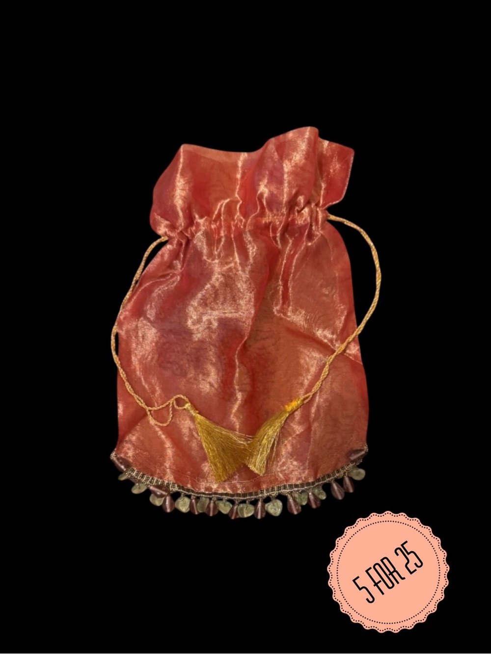 Copper Beaded Tassel Pouch – Boho Organza Drawstring Bag
